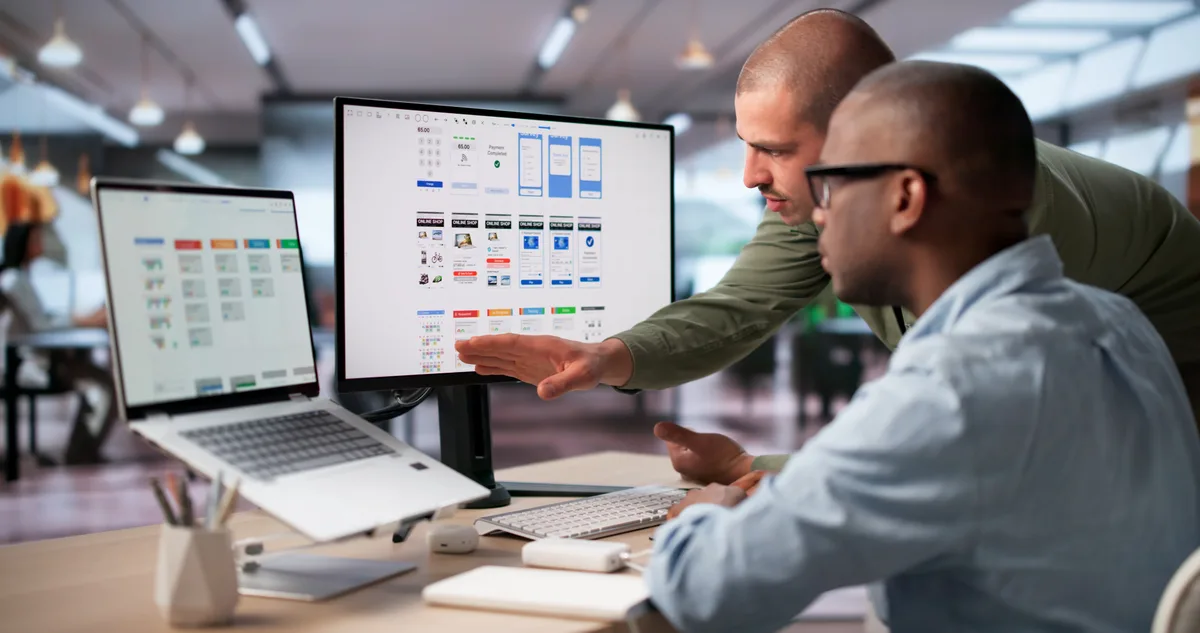 A business owner and a web designer reviewing website wireframes and conversion analytics together on a monitor