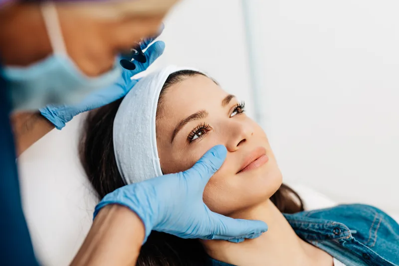 A masked clinician in blue gloves steadying a smiling patient's cheek before an injectable treatment
