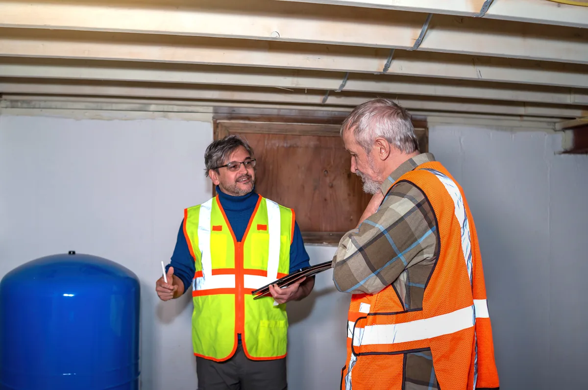 Foundation repair technician inspecting a basement wall crack while a homeowner looks on