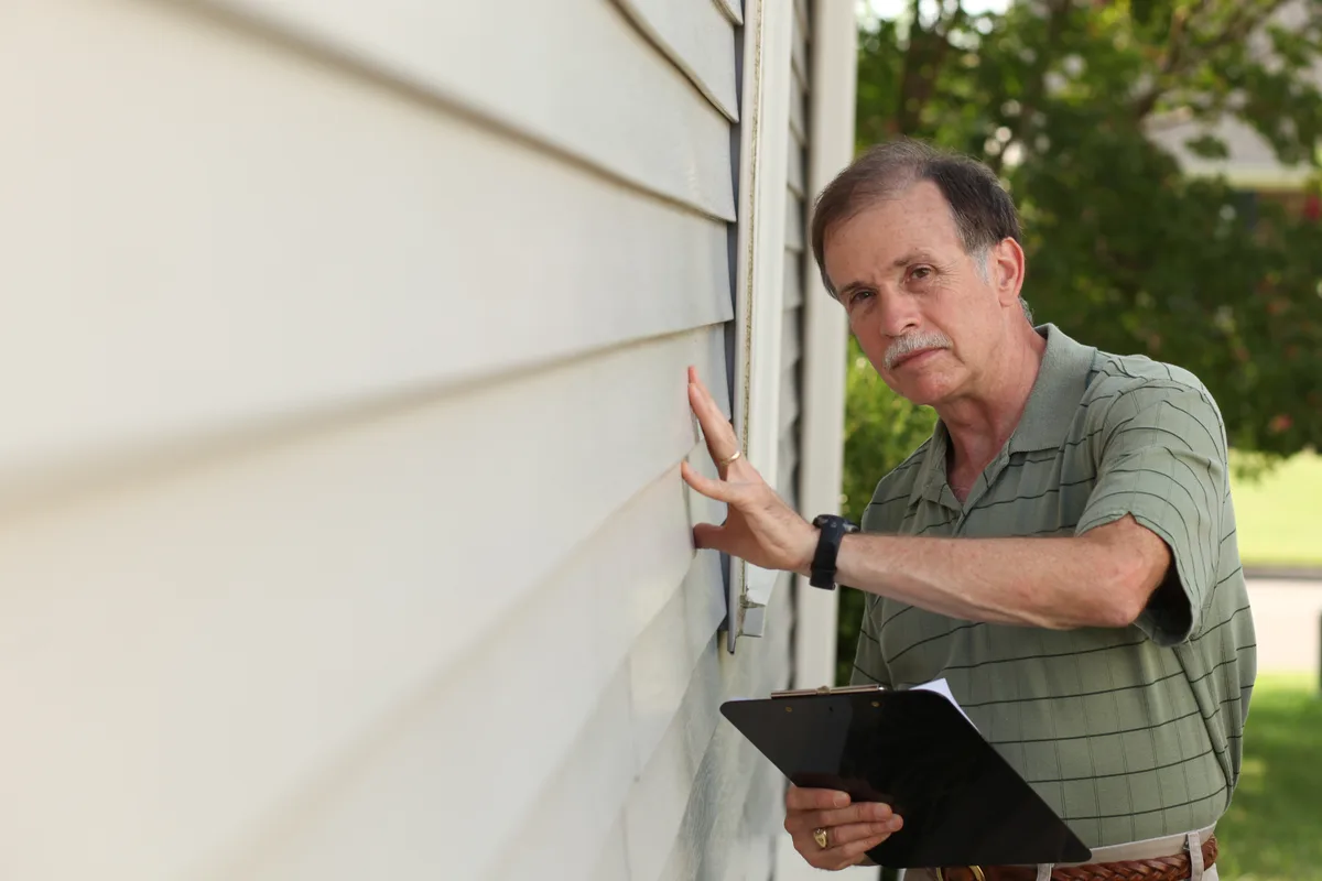 A home inspector examining the exterior of a house with a clipboard during a property inspection
