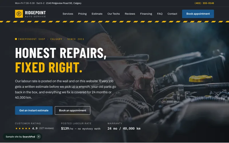 Ridgepoint Auto Service — homepage of the live sample site