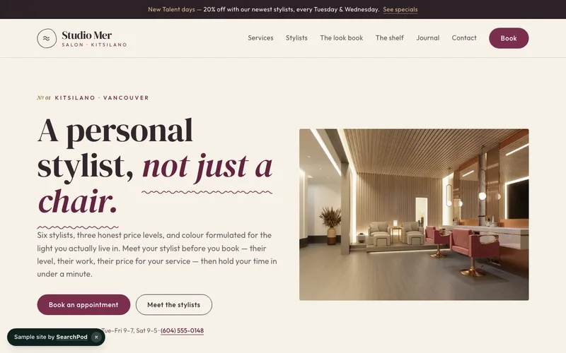 Studio Mer Salon — homepage of the live sample site