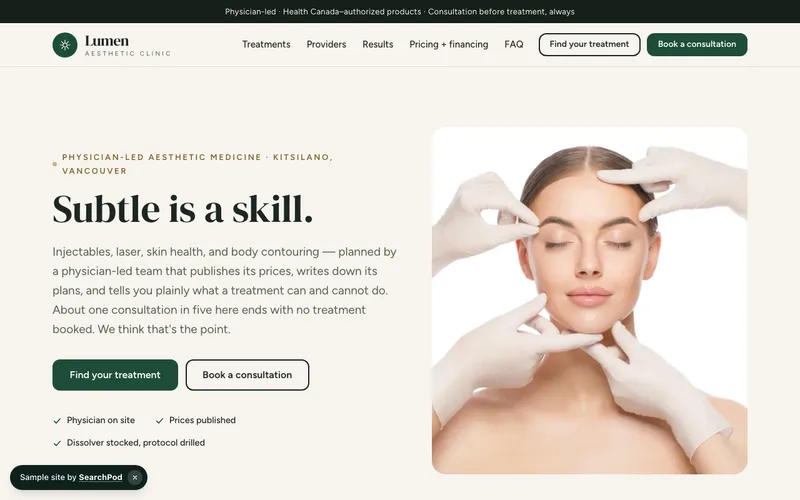 Lumen Aesthetic Clinic — homepage of the live sample site