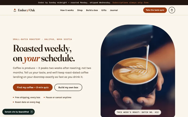 Ember & Oak Coffee — homepage of the live sample site