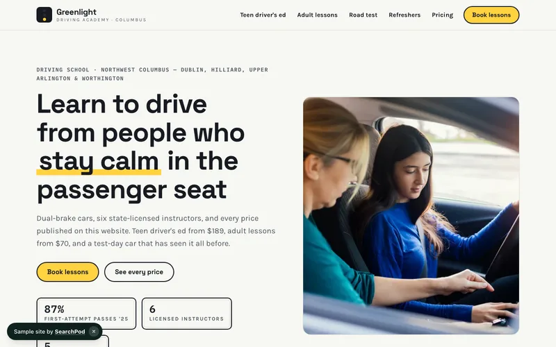 Greenlight Driving Academy — homepage of the live sample site