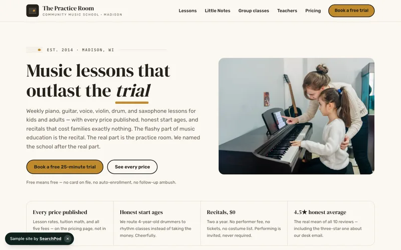 The Practice Room — homepage of the live sample site