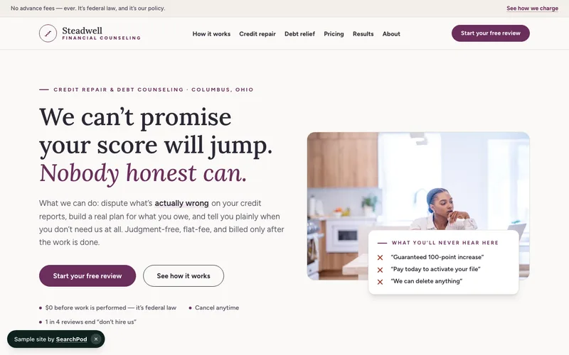 Steadwell Financial Counseling — homepage of the live sample site