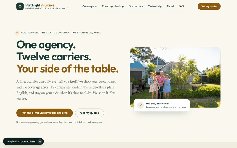 Porchlight Insurance Group — homepage of the live sample site