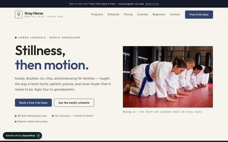 Grey Heron Martial Arts — homepage of the live sample site
