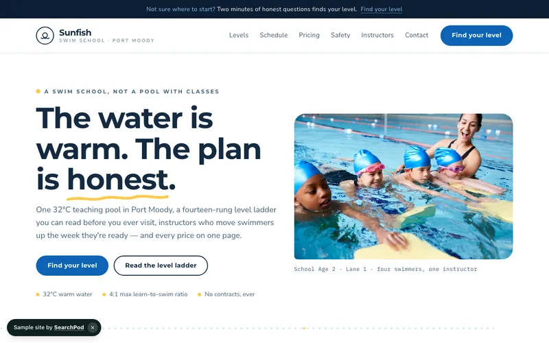 Sunfish Swim School — homepage of the live sample site