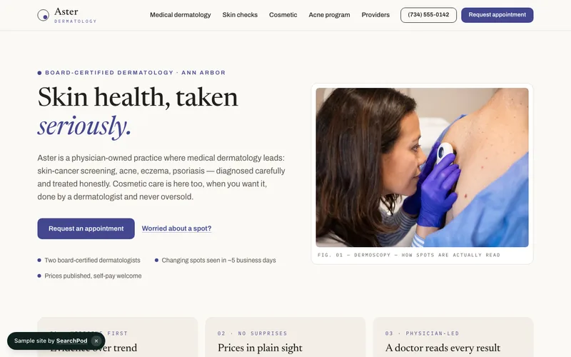 Aster Dermatology — homepage of the live sample site