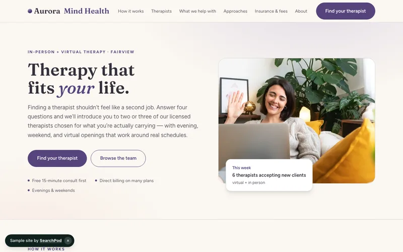 Aurora Mind Health — homepage of the live sample site