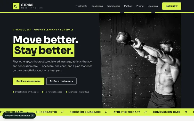 Stride Movement Clinic — homepage of the live sample site
