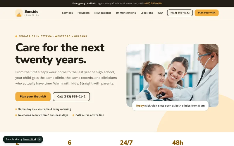 Sunside Pediatrics — homepage of the live sample site