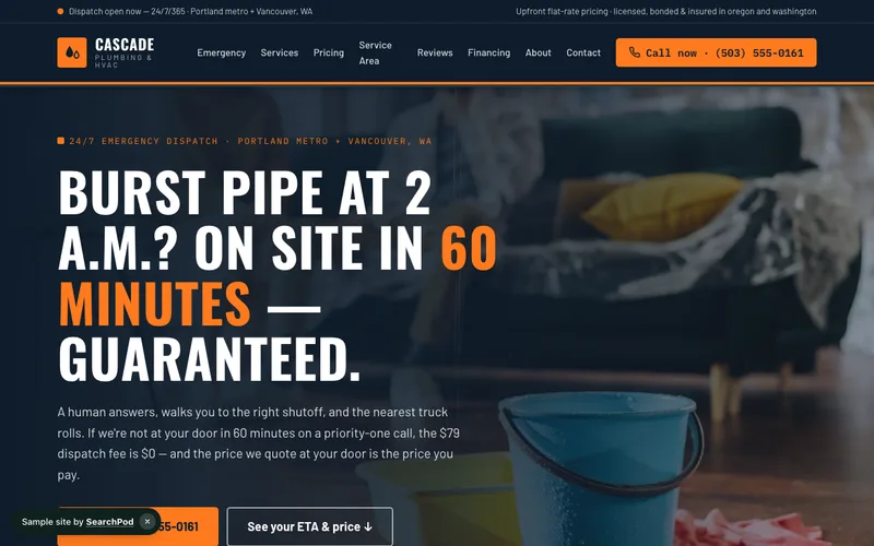 Cascade Plumbing & HVAC — homepage of the live sample site