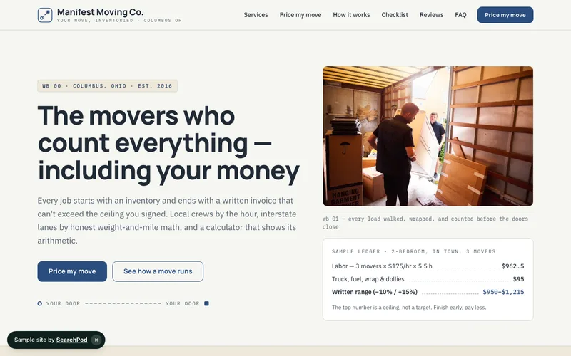 Manifest Moving Co. — homepage of the live sample site