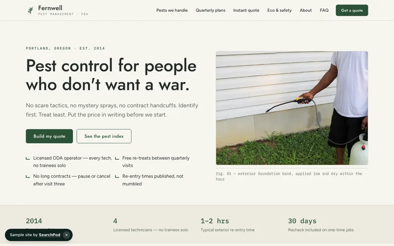 Fernwell Pest Management — homepage of the live sample site