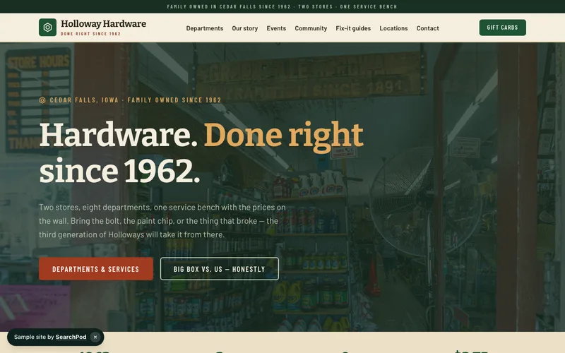 Holloway Hardware — homepage of the live sample site