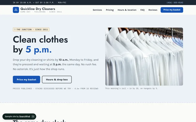 Quickline Dry Cleaners — homepage of the live sample site
