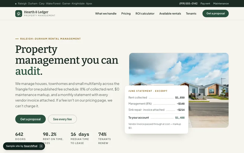 Hearth & Ledger — homepage of the live sample site