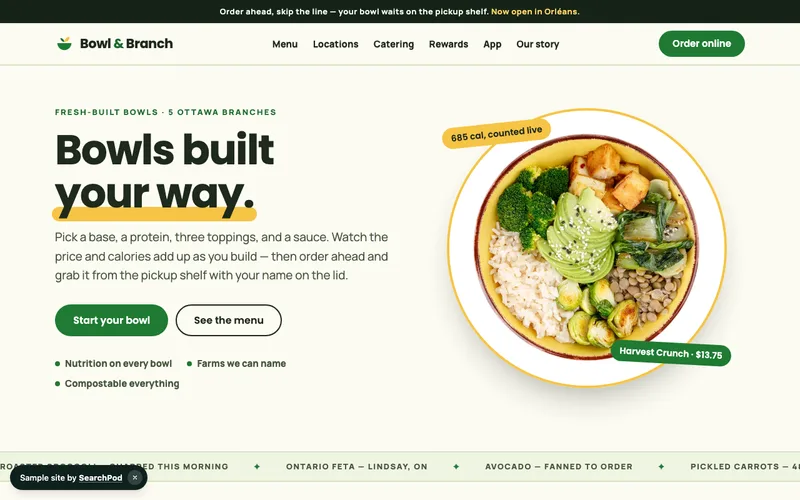 Bowl & Branch — homepage of the live sample site