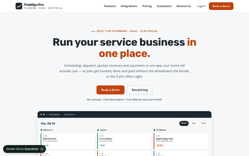 FieldOps Pro — homepage of the live sample site