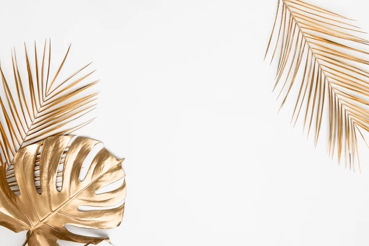 Gilded palm and monstera leaves arranged on a white ground — the botanical motif behind Aurelia's collections