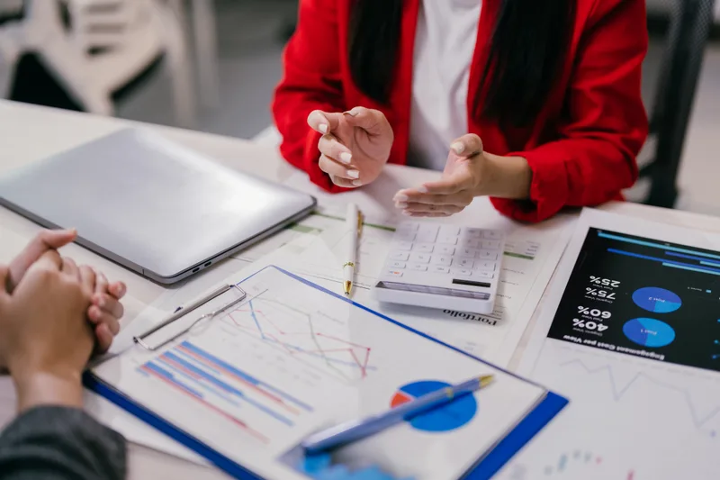 A Ledger & Pine accountant walking a client through printed financial statements at a meeting table