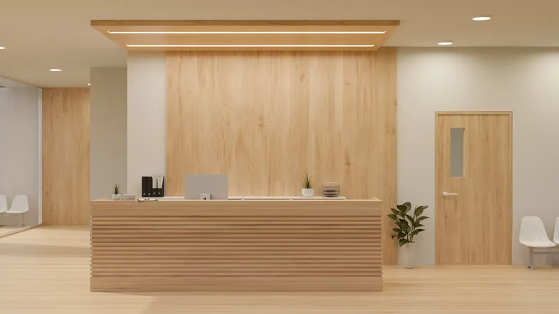 Light-wood reception desk under a slatted ceiling detail in the Westbrook clinic lobby, with waiting chairs along the wall