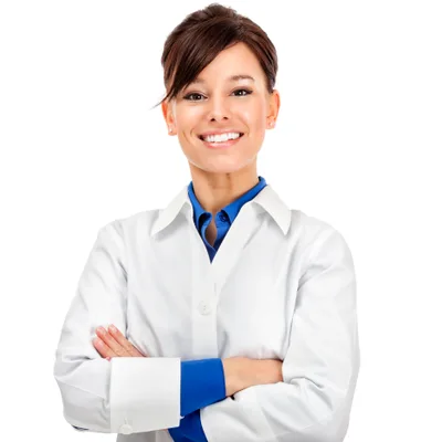 Dr. Claire Whitfield in a white coat over a blue shirt, arms crossed and smiling