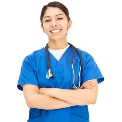 Kate Moreau, a nurse practitioner in blue scrubs with a stethoscope, arms crossed and smiling