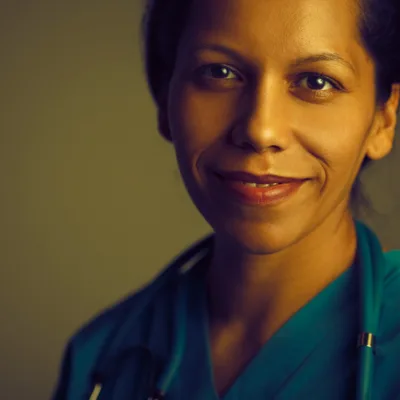 Dr. Naomi Adjei, an internal medicine physician in teal scrubs, smiling in warm, low light