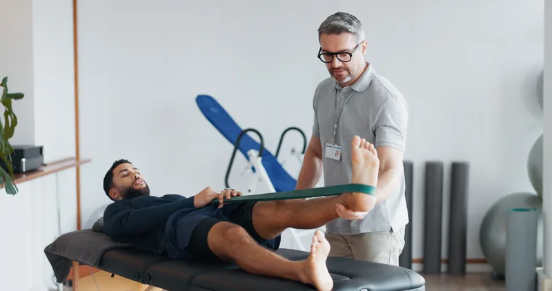 Physical therapist guiding a patient through a resistance-band leg exercise on a treatment table in the rehabilitation gym