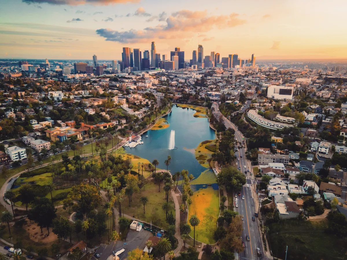 Downtown Los Angeles skyline from Echo Park Lake, California