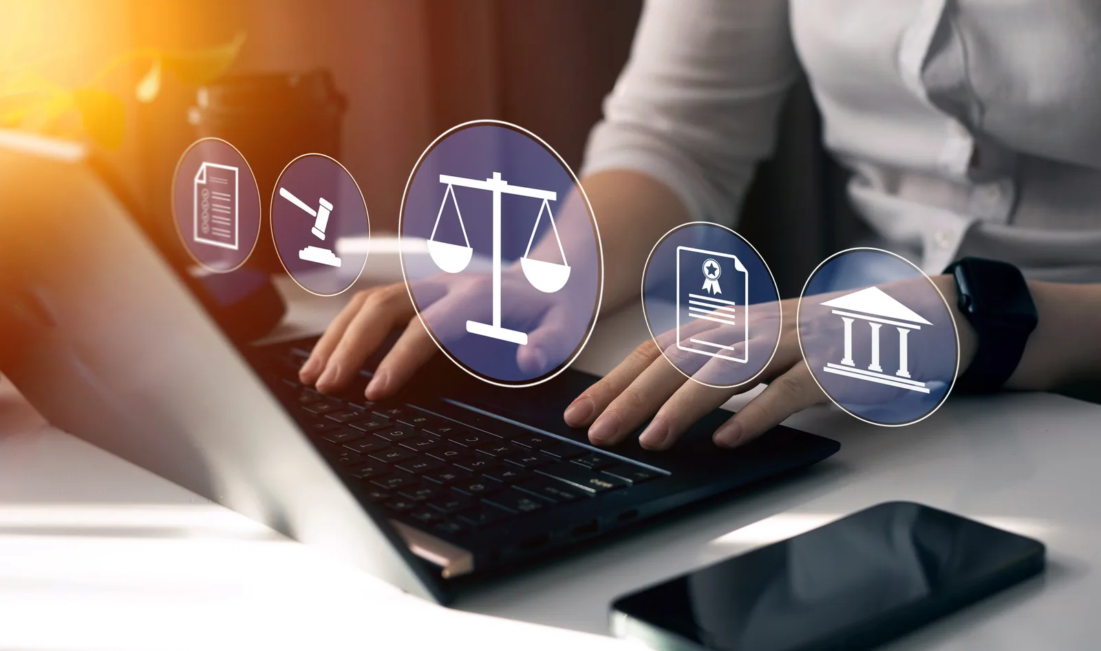 Criminal defense attorney walking a worried client through case files in a law office