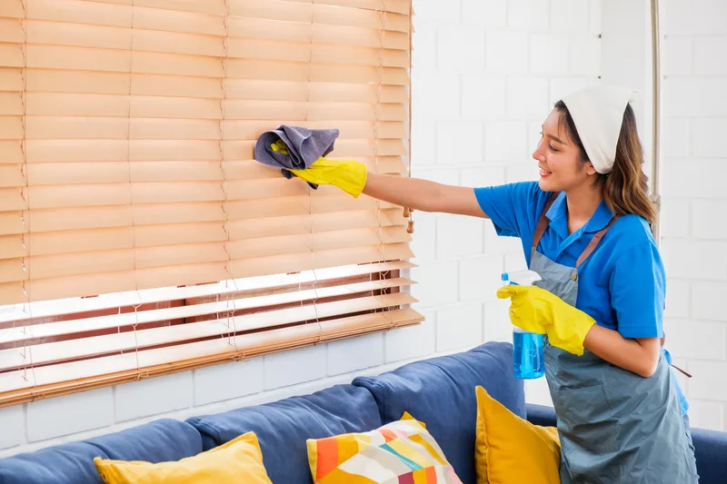Professional cleaner tidying a bright modern living room