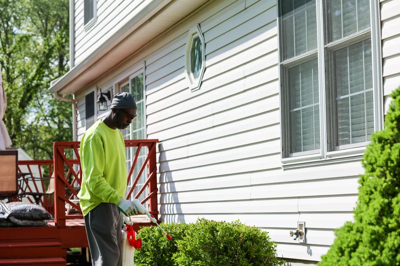 Pest control technician applying treatment outside a home
