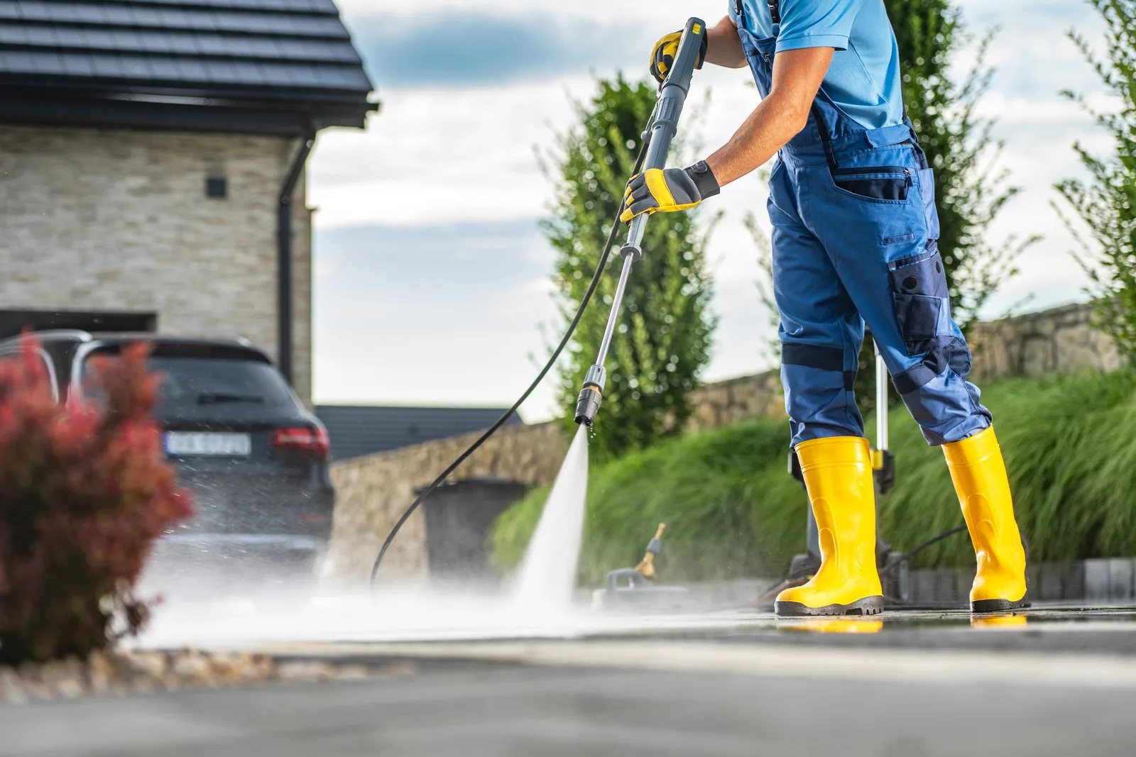 Technician cutting a clean stripe across a grimy concrete driveway with a pressure washer outside a suburban home