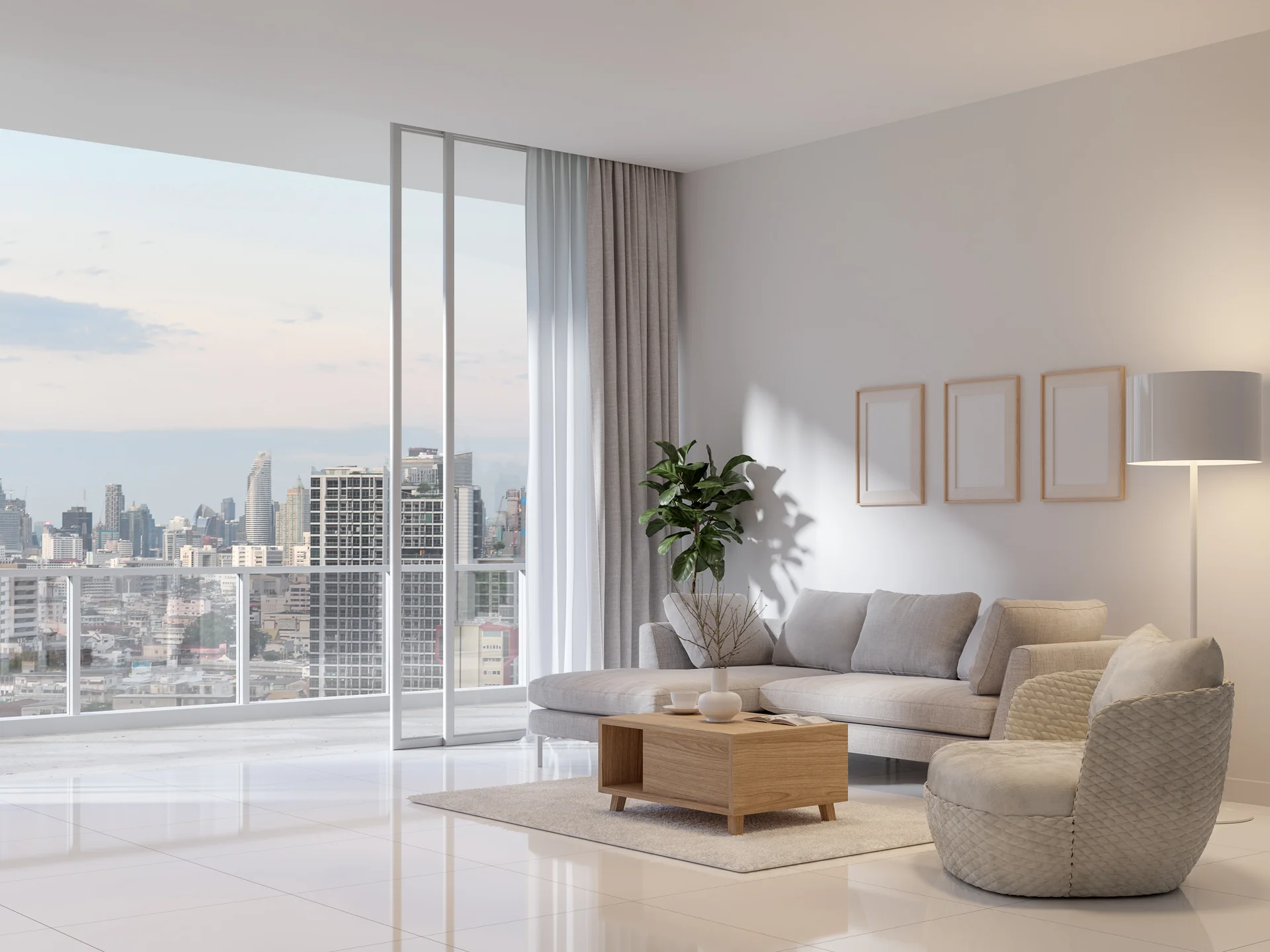 A staged living room in gallery white, sheer curtains drawn back to the skyline — ready for its dusk photography